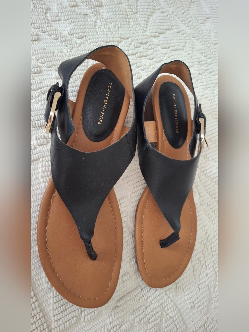 Tommy Hilfiger Black and Tan Leather Thong Sandals